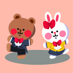 Adorable Bear And Bunny Dancing Doodle Vector Illustration