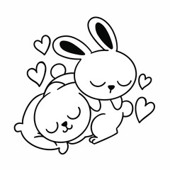 Adorable Little Bunny Couple Napping Coloring Page Doodle Vector Illustration