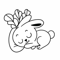 Lovely Little Bunny Sleeping Coloring Page Doodle Vector Illustration