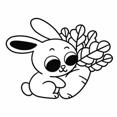 Sweet Little Bunny Playing With Carrot Coloring Page Doodle Vector Illustration