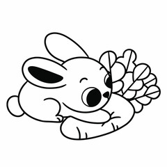Lovely Little Bunny Playing With Carrot Coloring Page Doodle Vector Illustration