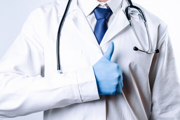 Doctor gesture hands medical background. Happy nurse in blue gloves, hospital uniform, stethoscope isolated on white. Close up, copy space background.