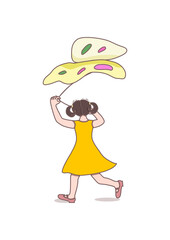 Girl holding kite and white background illustration