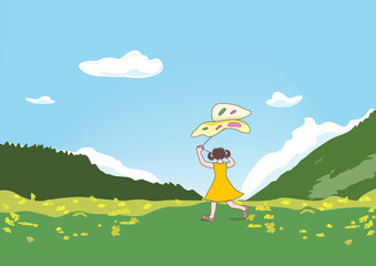 Illustration of a girl flying a kite outdoors