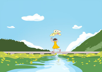 Illustration of a girl flying a kite outdoors