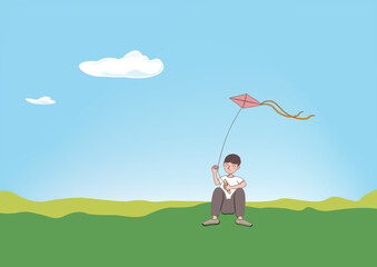Illustration of a boy flying a kite outdoors