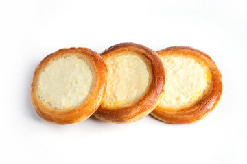 Buns with cottage cheese isolated on white background.