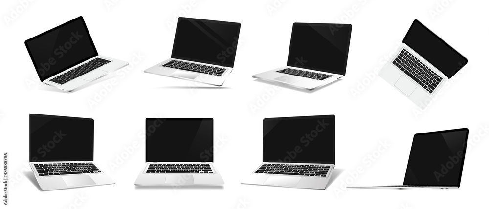Aufkleber Modern 3D open laptops mockups. Great set realistic 3D notebooks for online presentations. Laptops in different angles with blank screen template. Realistic perspective gadgets, blank screen. Vector