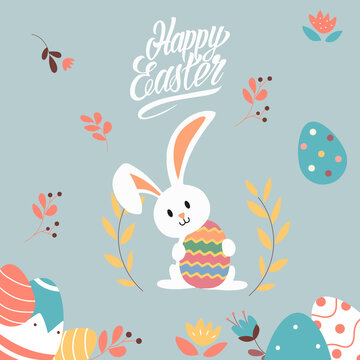 Happy Easter with bunny, egg and floral decoration background