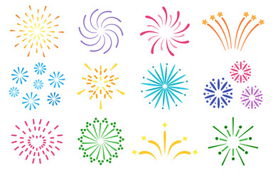 Fireworks salute colors set of festive bursting, celebration explosion, salute, bright sparks. For holiday and party or anniversary design elements isolated on white background. Vector illustration