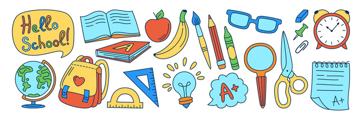 Learning school supplies doodle kit. Back to School drawn line set. Education concept objects for student, scissors backpack, light bulb idea, alarm clock, lunch and globe, pens, brush child vector