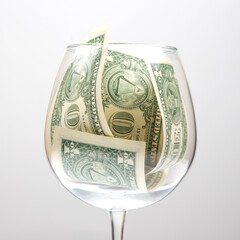 dollar banknotes money lies in an empty wine glass. business in the wine industry. alcohol marketing