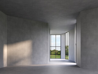 Blank concrete room with nature view 3d render,There are polished concrete floor ,wall and ceiling,There are large window look out to see the garden view,sunlight shining into the room. - obrazy, fototapety, plakaty