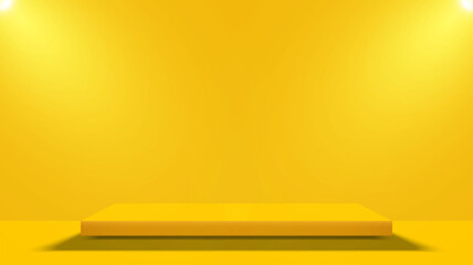 Empty square pedestal for product displays with lighting on yellow background. Vector illustration.