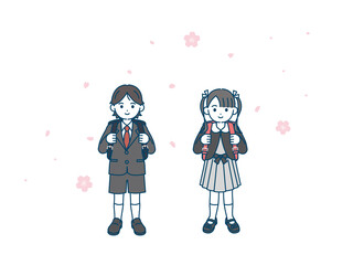小学生　1年生　男の子　女の子　桜　入学　全身　イラスト