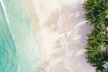 Aerial view top view Beautiful topical beach with white sand coconut palm trees and sea. Top view...