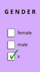 Third gender classifications. Non-binary and intersex people. Sex designation as "X". Identities and Recognition. Option. Illustration with confirmation mark. 