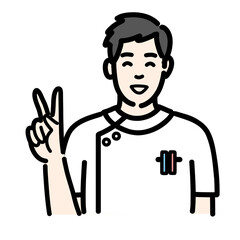 笑顔でピースサインをしている白衣を着た若い男性看護師
