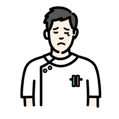 悲しそうに涙を流している白衣を着た若い男性看護師
