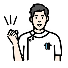 笑顔でガッツポーズをしている白衣を着た若い男性看護師
