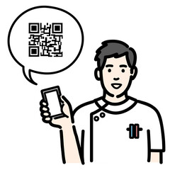 スマートフォンを持ってQRコードの説明をしている白衣を着た若い男性看護師
