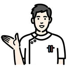 笑顔で提案をしている白衣を着た若い男性看護師
