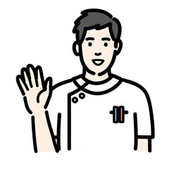 手を挙げて笑顔で挨拶をしている白衣を着た若い男性看護師
