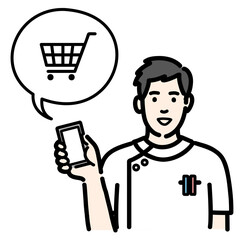スマートフォンを持ってショッピングの説明をしている白衣を着た若い男性看護師
