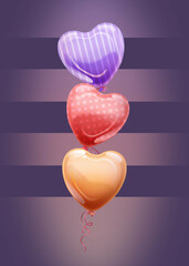 Imprezowe, walentynkowe lub ślubne tło z kolorowymi balonikami w kształcie serca. Ilustracja na banery, tapety, ulotki, vouchery upominkowe, kartki z życzeniami, plakaty. - obrazy, fototapety, plakaty