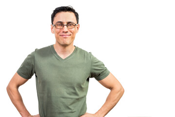 Positive nerd smiling and looking at camera