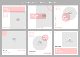 Social media post template. Six editable page or banner, fit for all sale promotion, minimalist concept with fade pink color theme.
