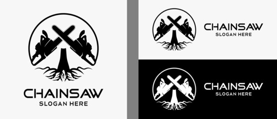 chainsaw logo design template in silhouette with tree icon in circle. premium vector logo illustration - obrazy, fototapety, plakaty