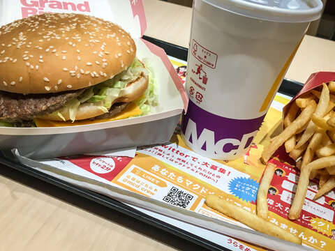 Kumamoto, Japan - Apr 18, 2019 :
The close up image of Grand Big Mac menu (burger, drink and potato) on tray, Mcdonald's restaurant, Japan.