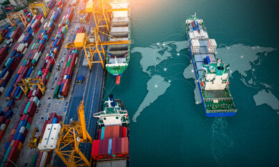 Aerial top view containers ship cargo business commercial trade logistic and transportation of international import export by container freight cargo ship with on worldmap - obrazy, fototapety, plakaty