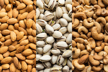 Background of organic mix nuts. Natural pure mix nuts. Scattered mix nuts grains. Roasted mix for snack. Healthy eating with food from nature