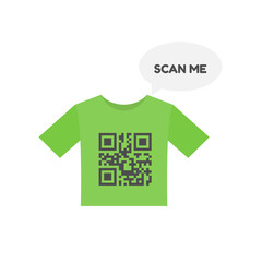 T-Shirt and QR code with lettering 'SCAN ME' in dialog box flat vector design isolated on white background.