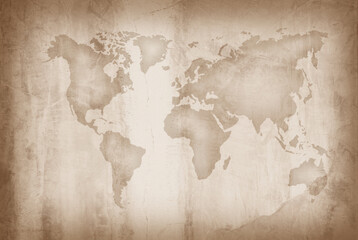 Fototapeta na wymiar World map on an old paper texture background with space for text wind sea marine navigation.