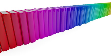 Long spectrum colored row of hardcover books over white background, literature, study or education concept