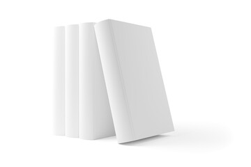 Four white blank hardcover books with one tilted templates or mock ups standing on white background with copy space