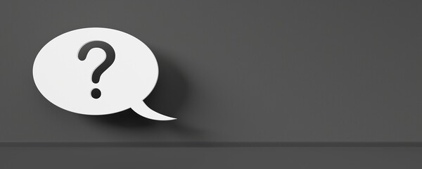 Single white speech bubble with question mark on dark grey room background with copy space, idea, solution or question or communication business concept