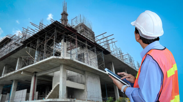 Rear view architect man holding tablet and checking or planing at construction site. Engineer construction worker control or inspecting building inspector and checking business workflow