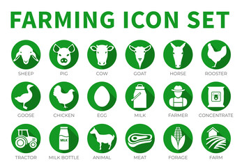 Flat Green Farming or Farm Icon Set of Sheep, Pig, Cow, Goat, Horse, Rooster, Goose, Chicken, Egg, Milk, Farmer, Concentrate, Tractor, Bottle, Animal, Meat and Forage Icons.