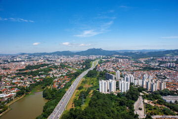 2016 JAN, SÃO PAULO City, BRAZIL, Aerial photo of Rodovia dos Bandeirantes, Pico do Jaraguá in the background