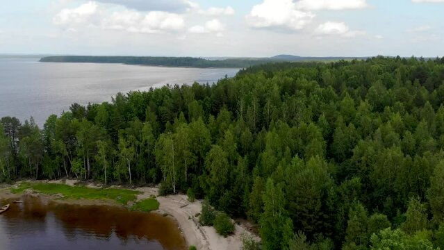 Aerial view of landscape with forest and lake in Karelia