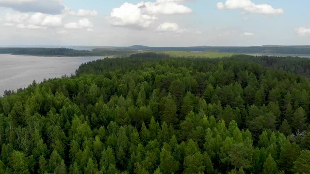 Aerial view of landscape with forest and lake in Karelia