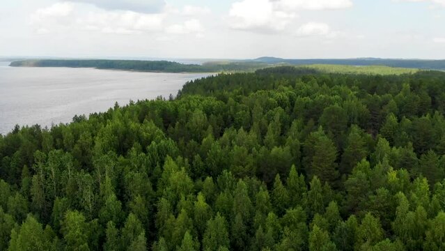 Aerial view of landscape with forest and lake in Karelia