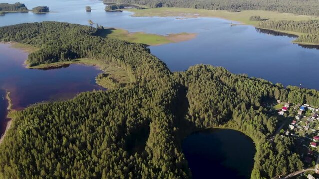 Aerial view of landscape with forest and lake in Karelia