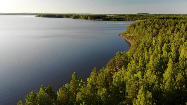Aerial view of landscape with forest and lake in Karelia