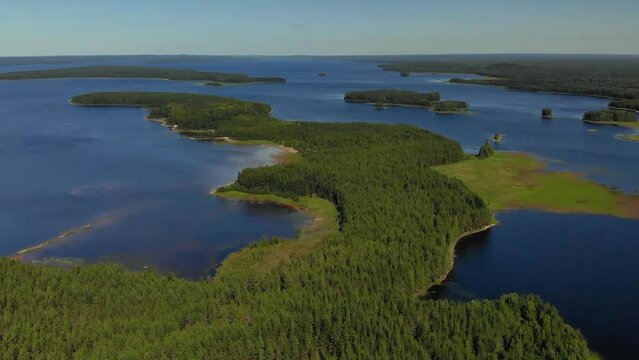 Aerial view of landscape with forest and lake in Karelia