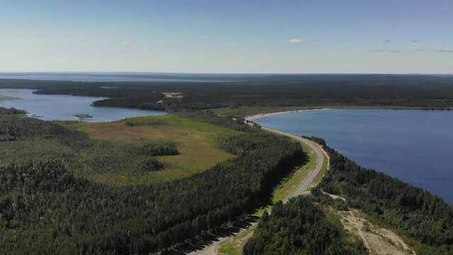 Aerial view of landscape with forest and lake in Karelia